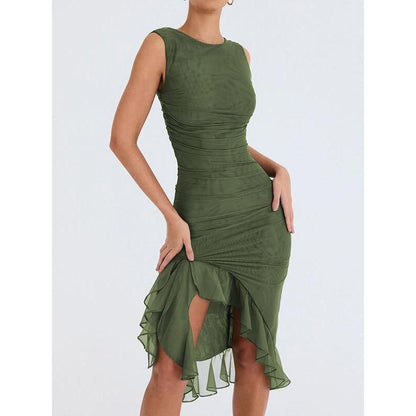 LB | Elegancka sukienka midi bez pleców z falbanami