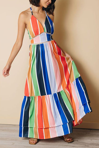 LB | Rainbow Stripe Backless Slip Maxi Dress