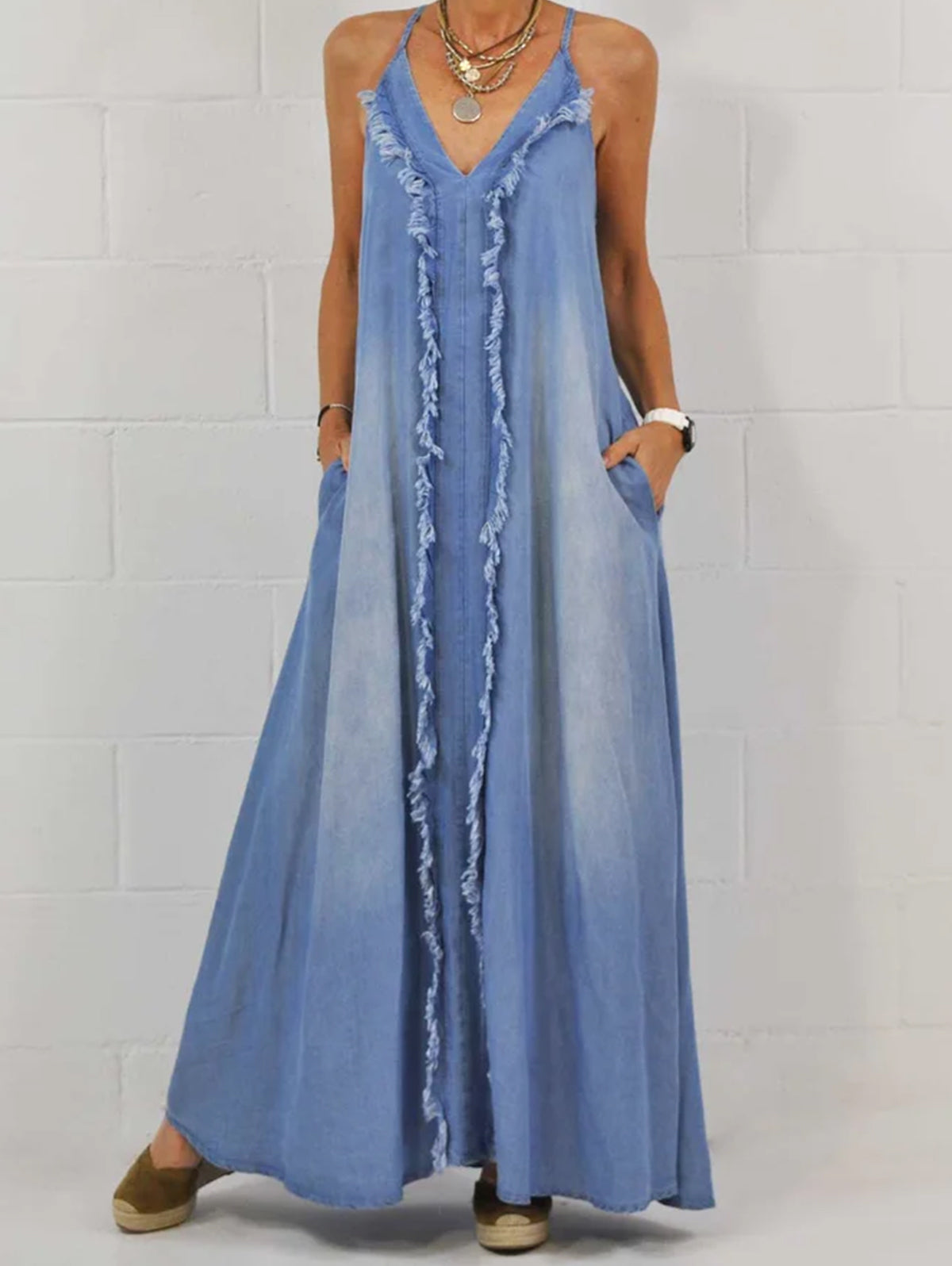 LB | Raw Edge V-neck pocket maxi dress bez rękawów