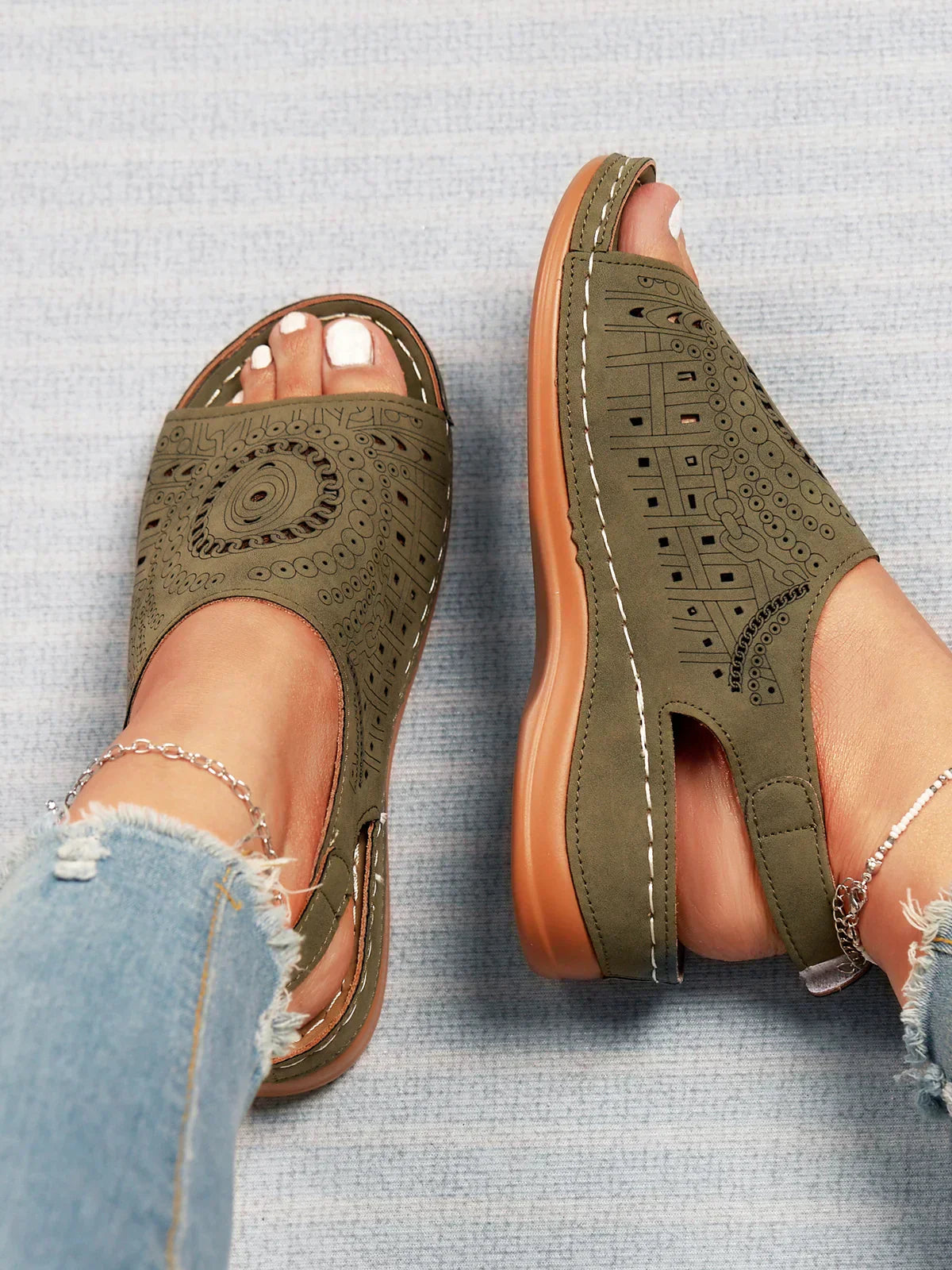 AS | Ethnic Pattern Punched Hollow Velcro Retro Sandały