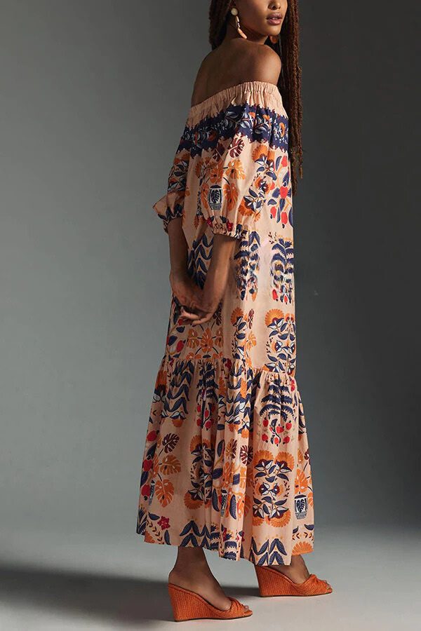 LB | Island Lover Printed off-the-shoulder, lejąca sukienka midi