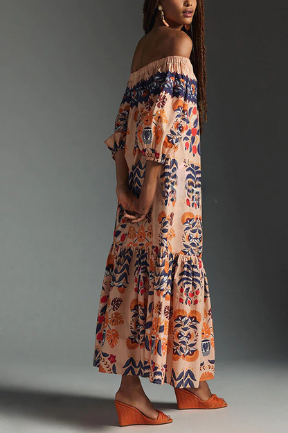 LB | Island Lover Printed off-the-shoulder, lejąca sukienka midi