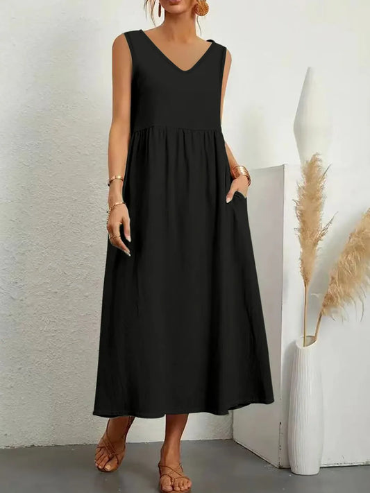 LB | Full Size Pocketed V-Neck Sleeveless Midi Dress Plus Size