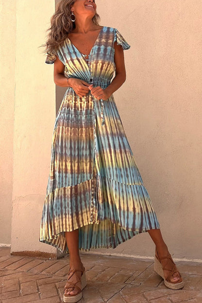 LB | Lorina Tie-dye Print Button Smocked Waist Backless Midi Dress