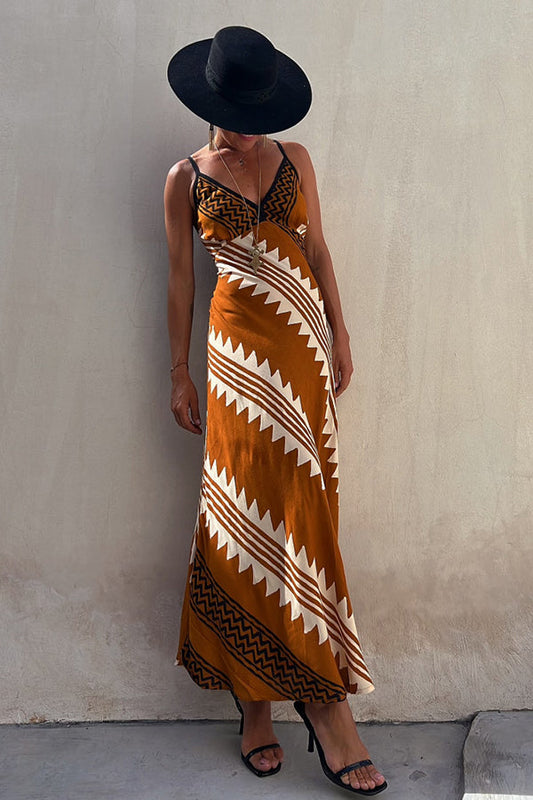 LB | Always Falling Satin Ethnic Print Smocked Back Midi Dress