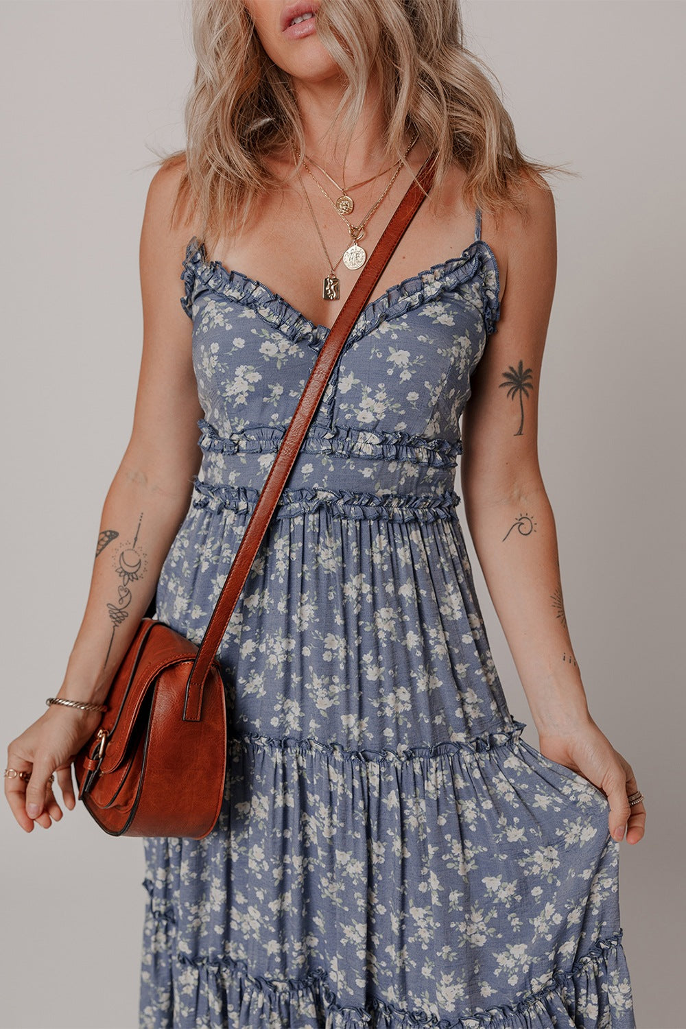 LB | Floral Spaghetti Strap Ruffle V Neck Tiered Midi Dress