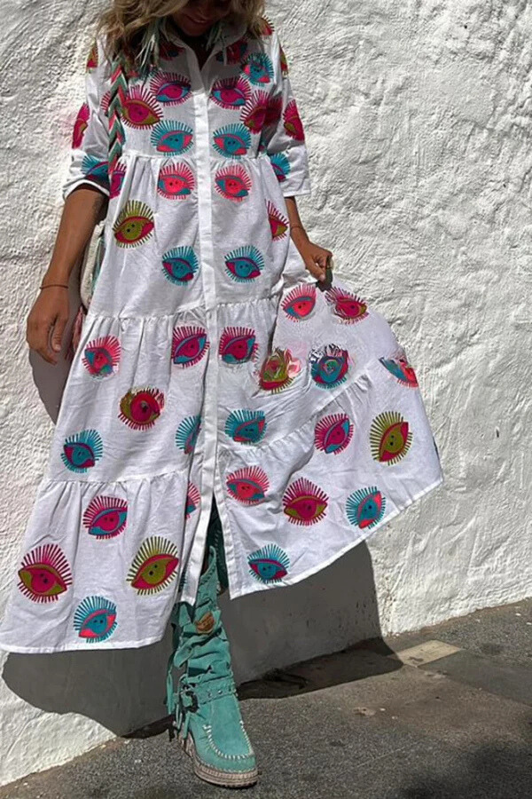 LB | Take Me To Cabo Ethnic Unique Print Button Loose Shirt Midi Dress