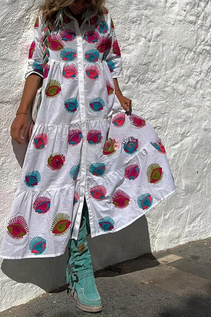 LB | Take Me To Cabo Ethnic Unique Print Button Loose Shirt Midi Dress