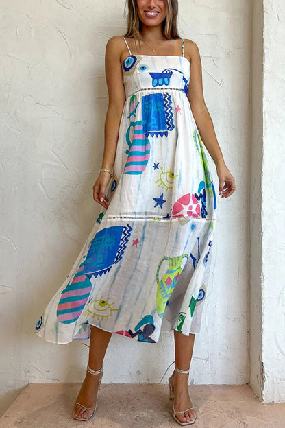 LB | She's The Fun Linen Blend Playful Print Ladder Trim Midi Dress