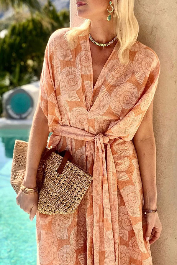 LB | Fashion Conch Print V-Neck Lace-Up Beach Midi Dress