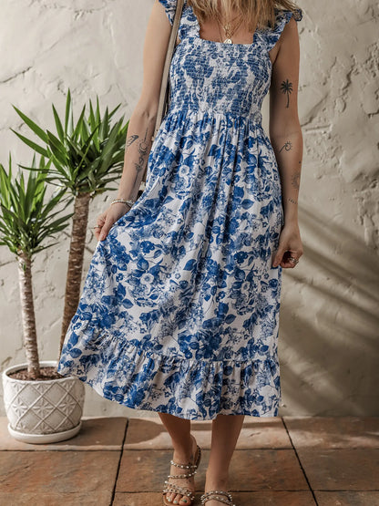 LB | Floral Ruffle Strap Square Neck Smocked Bodice Midi Dress