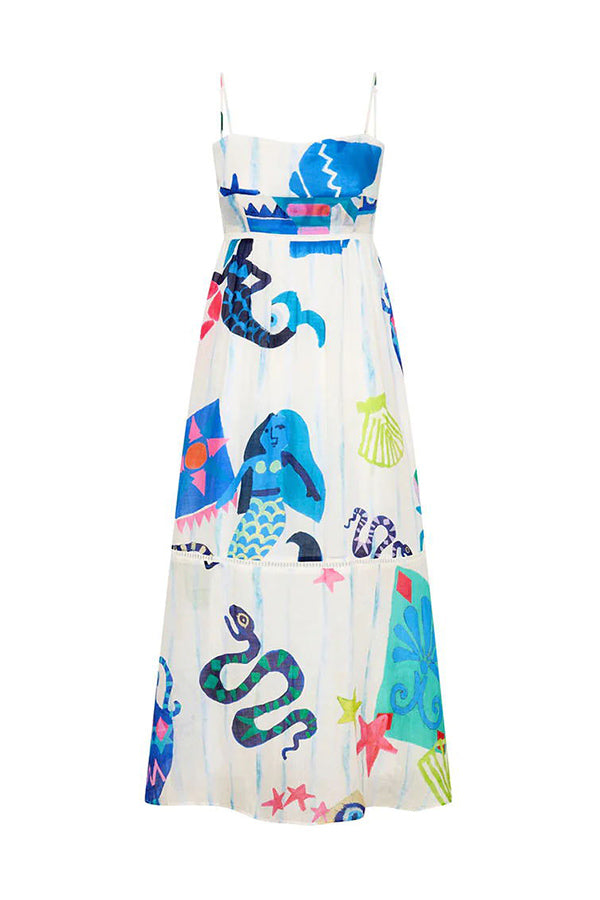 LB | She's The Fun Linen Blend Playful Print Ladder Trim Midi Dress