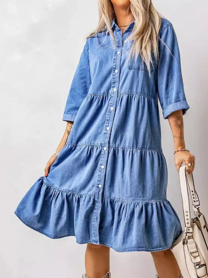 LB | Full Size Ruffled Hem Button Up Denim Midi Dress Plus Size