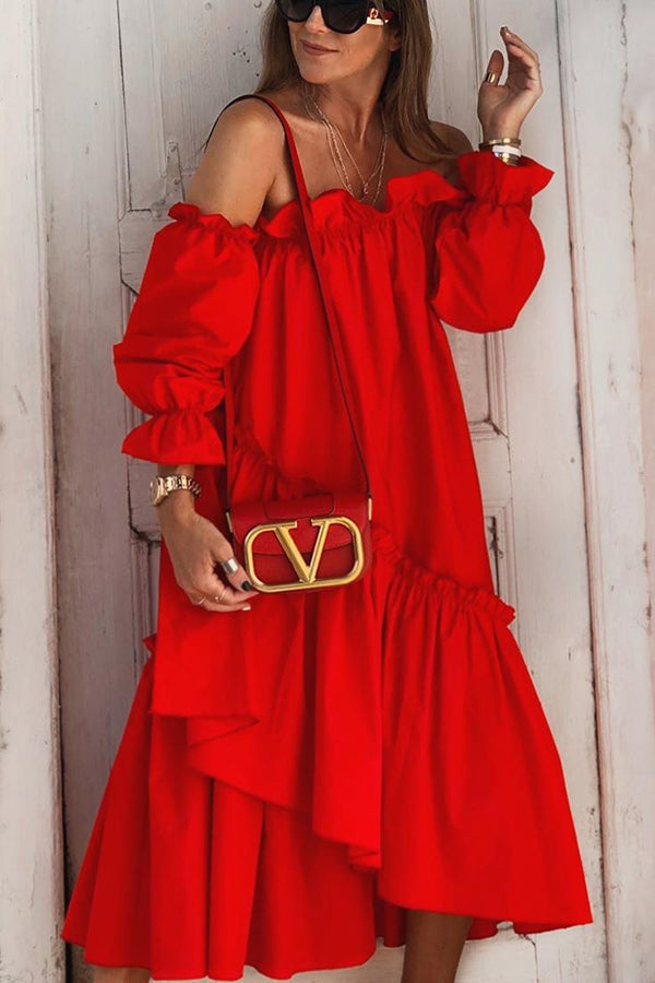 LB | Fionna Off Shoulder Ruffle Irregular Trim Luźna sukienka midi