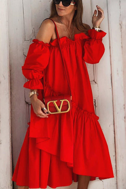 LB | Fionna Off Shoulder Ruffle Irregular Trim Luźna sukienka midi