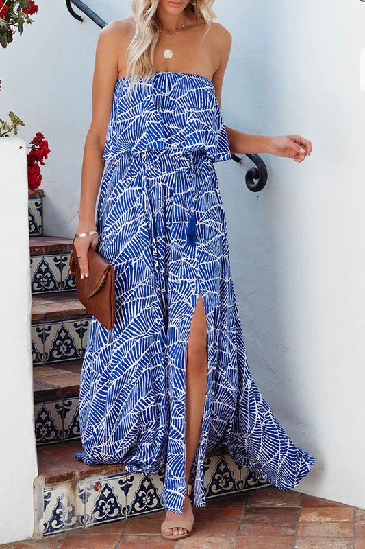 LB | Summer Picnic Printed Elastyczna sukienka maxi bez ramiączek w talii