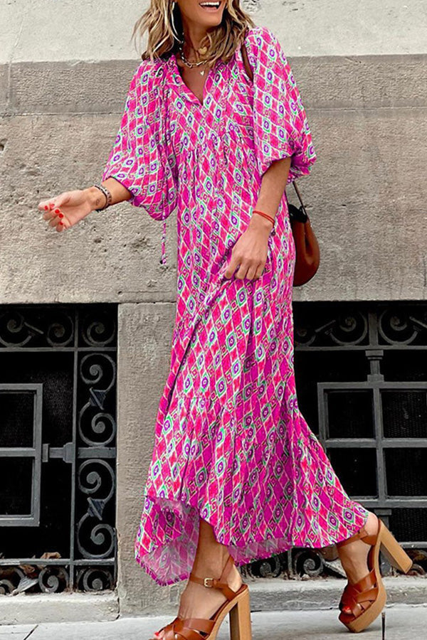 LB | Sukienka midi w stylu boho z krótkim rękawem
