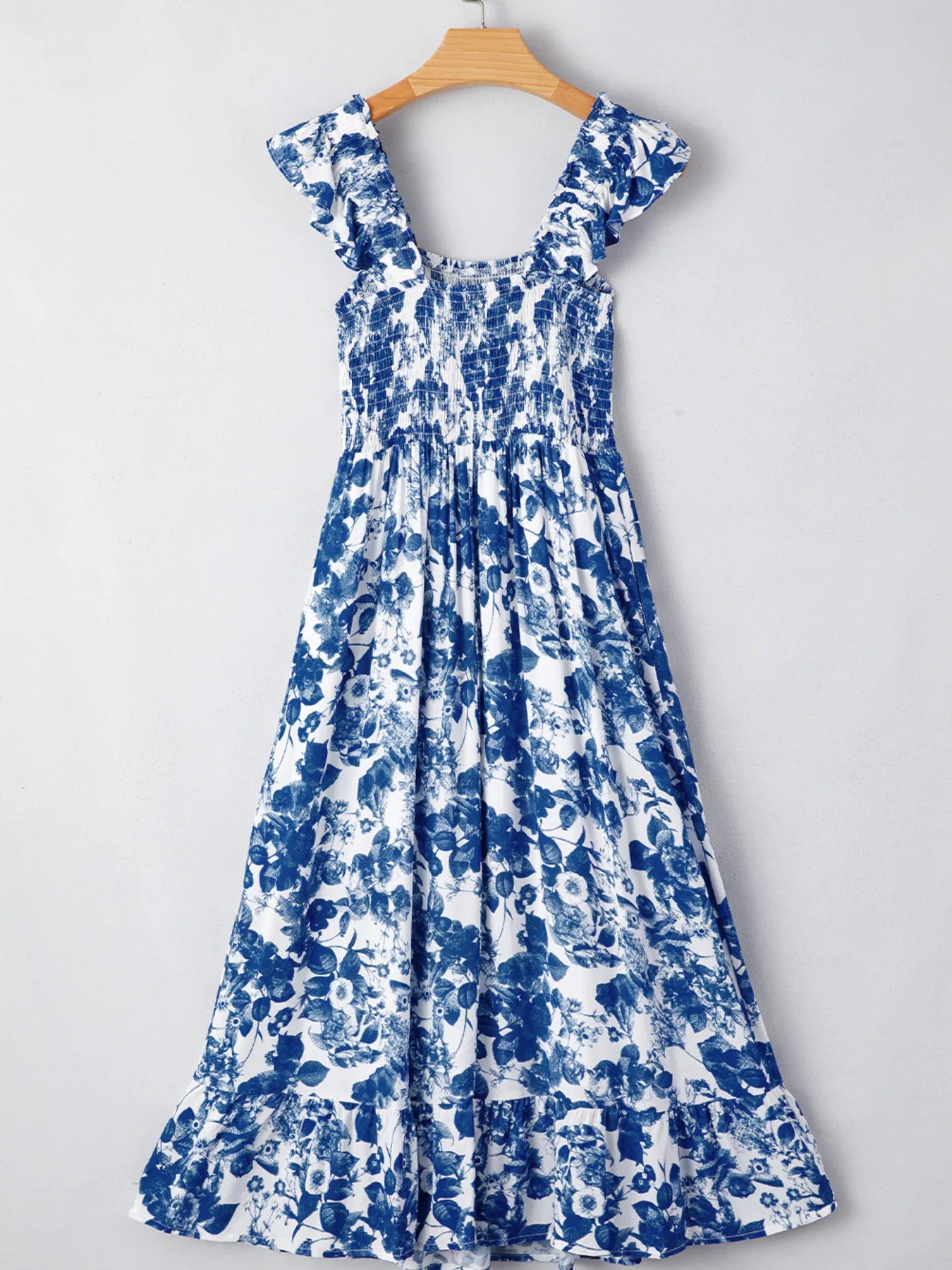 LB | Floral Ruffle Strap Square Neck Smocked Bodice Midi Dress