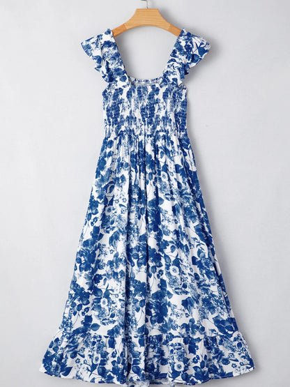 LB | Floral Ruffle Strap Square Neck Smocked Bodice Midi Dress