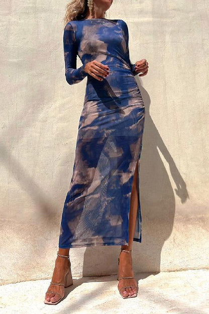 LB | Charm Lady Mesh Overlay Tie Dye Print Long Sleeve Ruffled Stretch Midi Dress