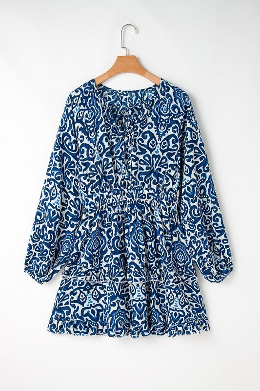 LB | Women Print Lace up V Neck Sukienka mini z długim rękawem