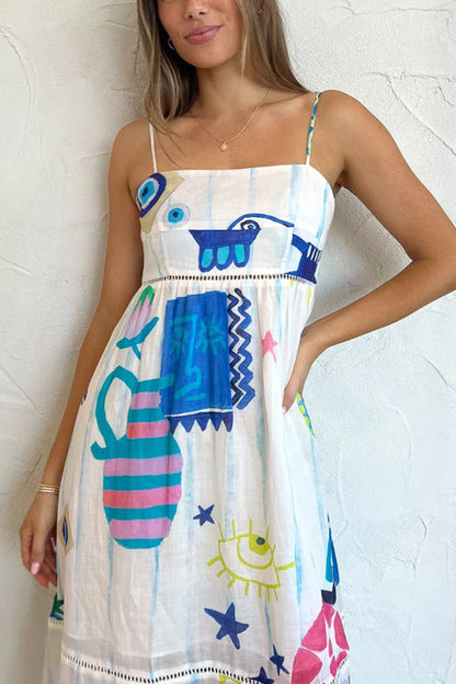 LB | She's The Fun Linen Blend Playful Print Ladder Trim Midi Dress