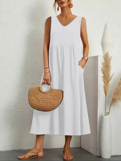 LB | Full Size Pocketed V-Neck Sleeveless Midi Dress Plus Size