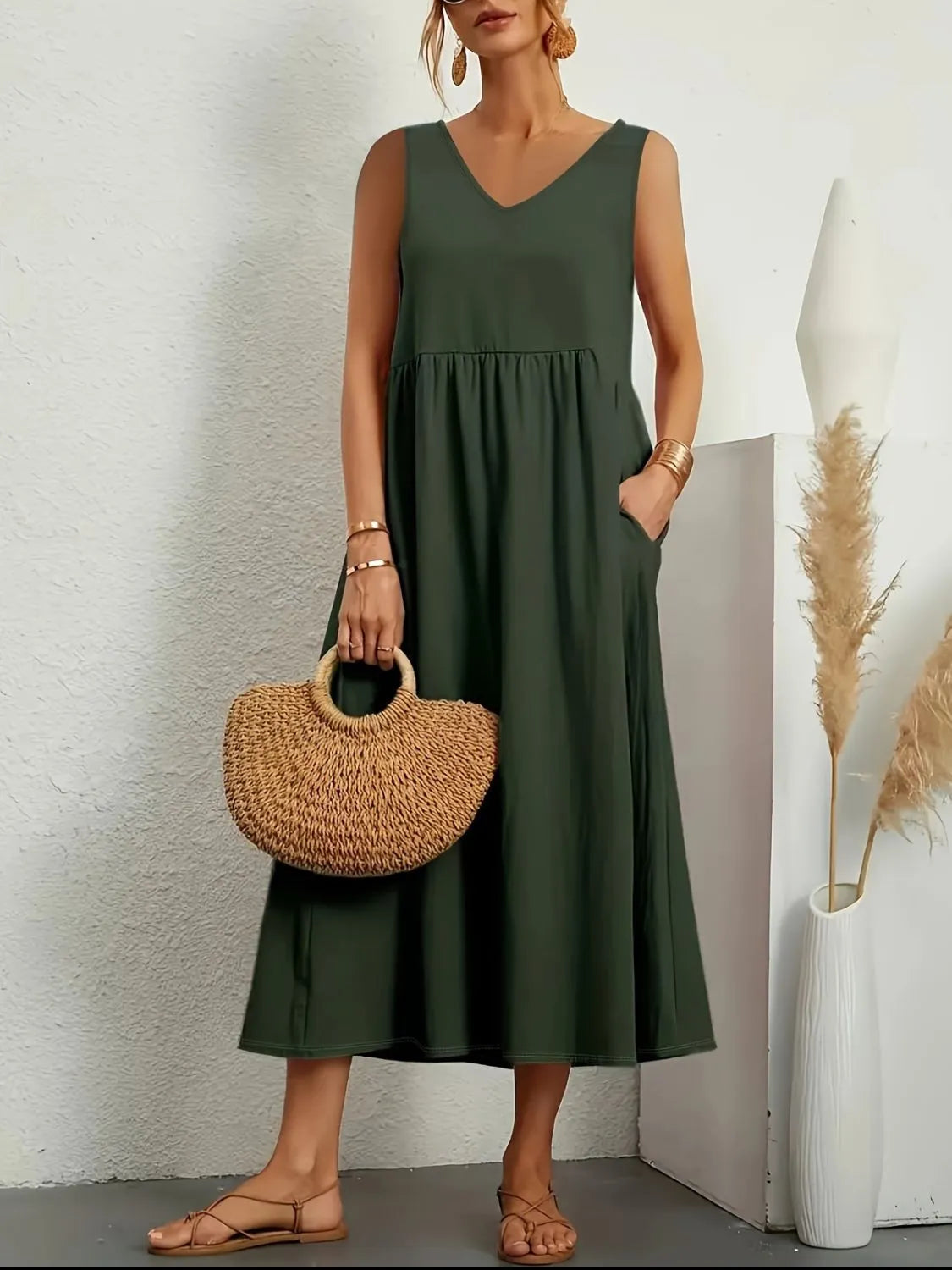 LB | Full Size Pocketed V-Neck Sleeveless Midi Dress Plus Size