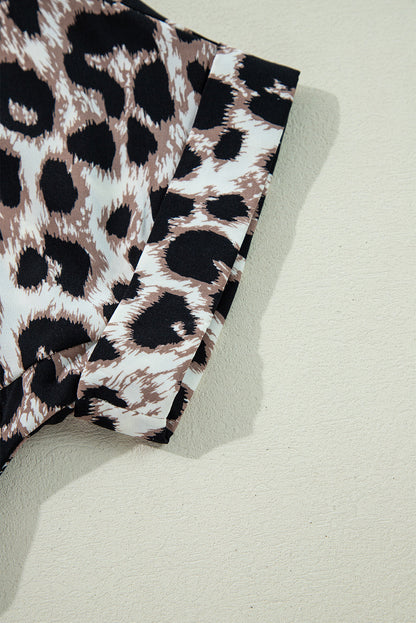 LB | Khaki Cheetah Print Backless V-Neck Luźna dopasowana mini sukienka