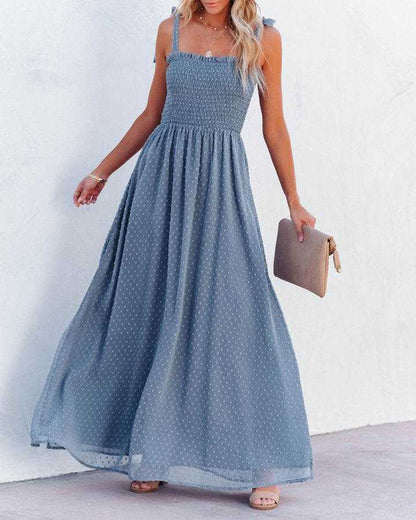 LB | Boho Spaghetti Strap Square Neck Polka Dot Flare Beach Maxi Dress