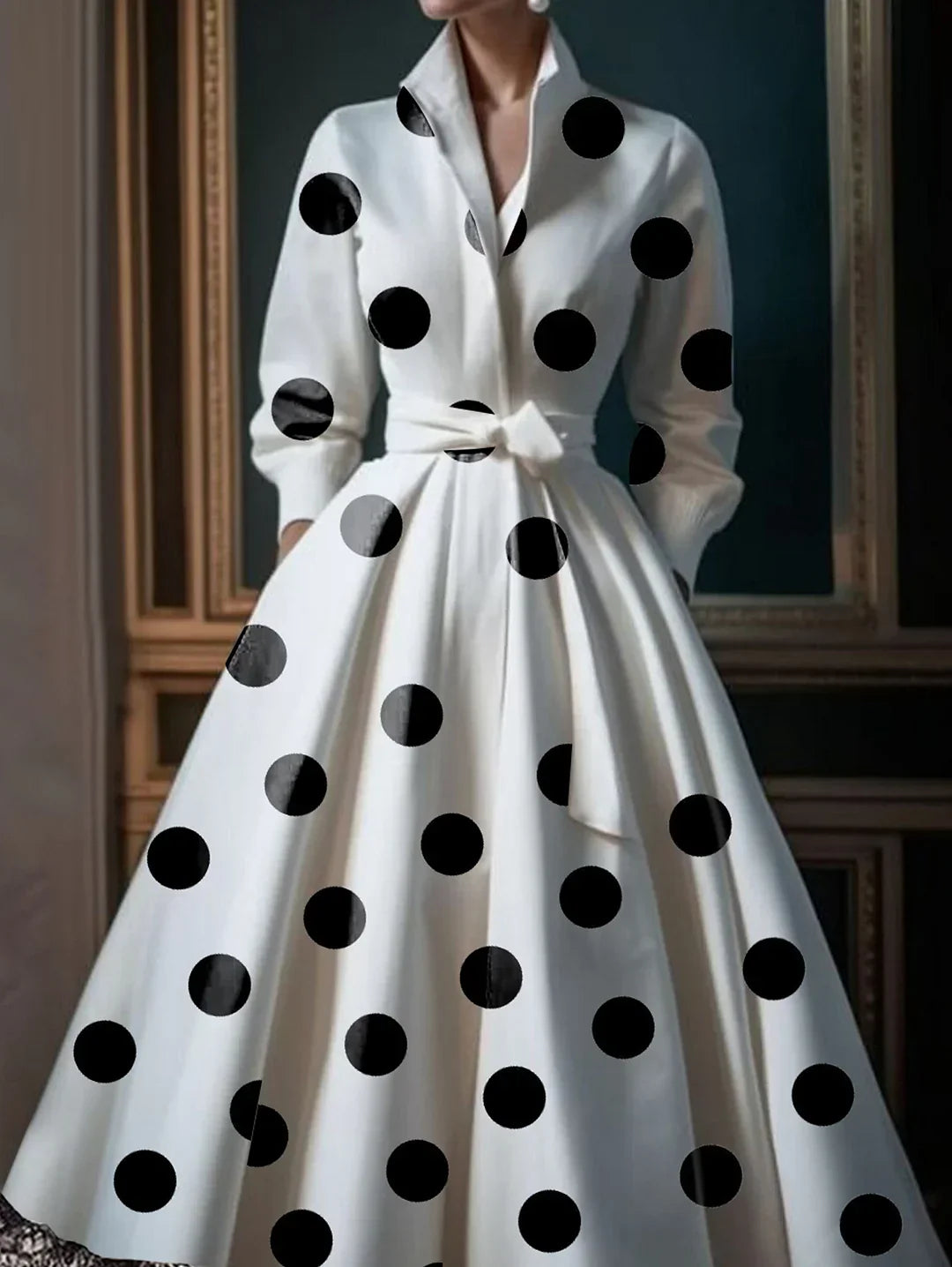 LB | Polka Dot Lace Patchwork Belt Bag Midi Dress
