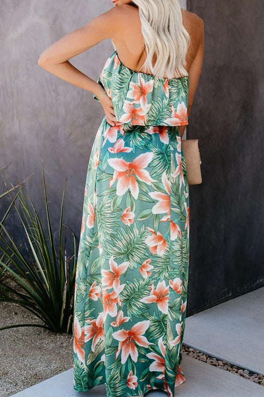 LB | Tropical Plant Print Sukienka maxi na ramiączkach z marszczonym rozcięciem