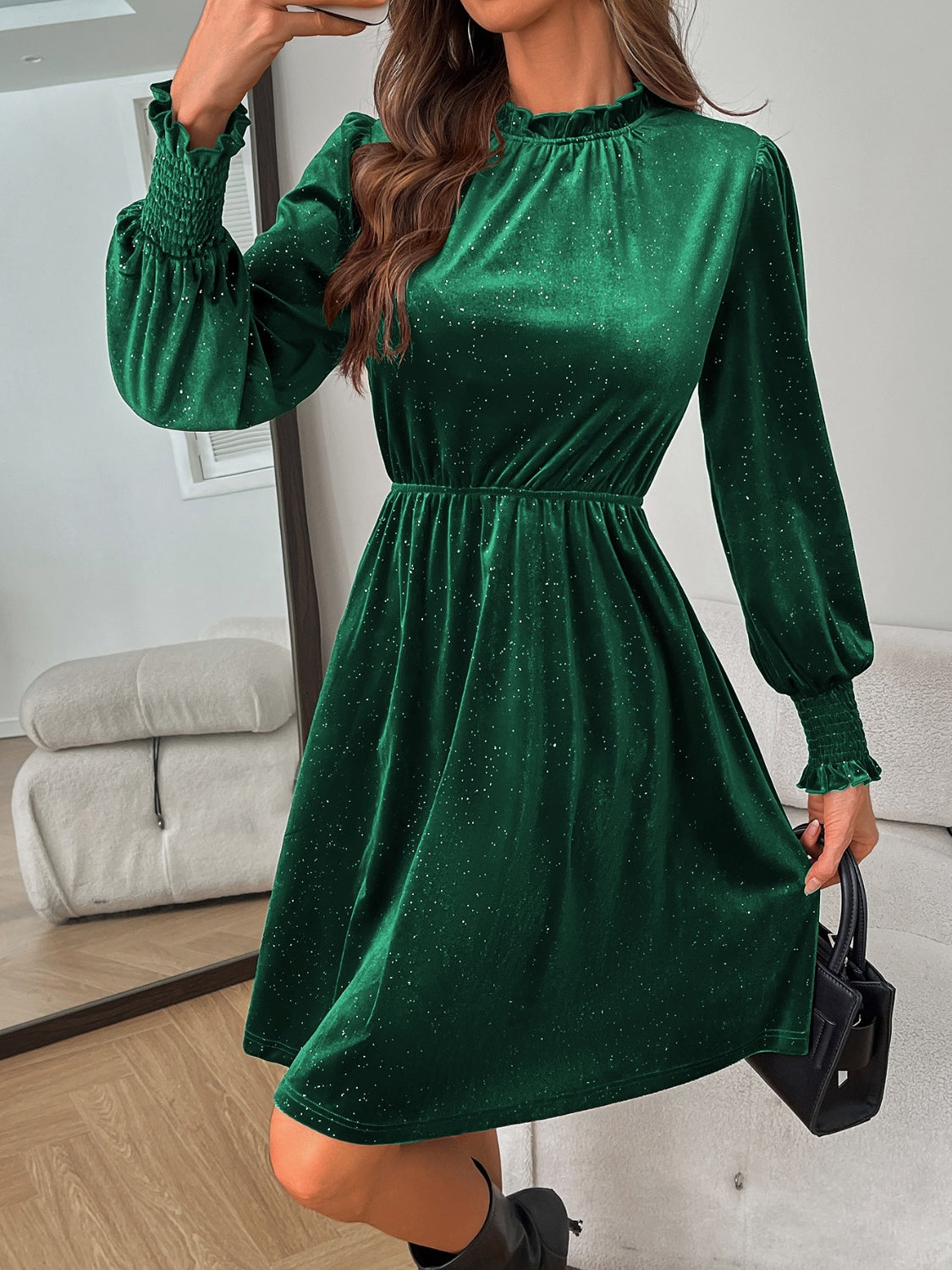 LB | Glitter Mock Neck Sukienka mini z długim rękawem