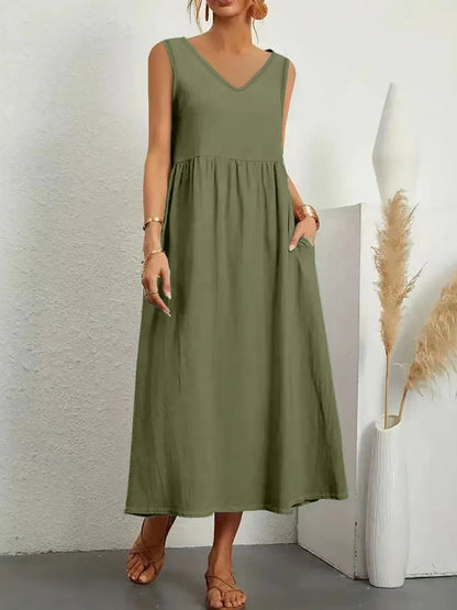 LB | Full Size Pocketed V-Neck Sleeveless Midi Dress Plus Size