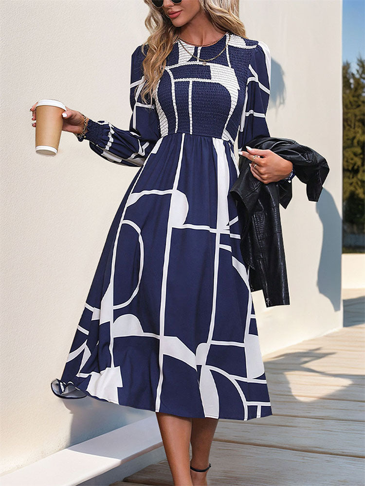 LB | Smocked Colour Block Sukienka midi z długim rękawem