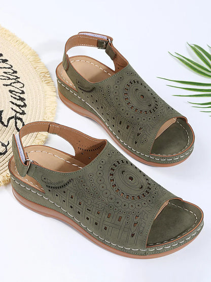 AS | Ethnic Pattern Punched Hollow Velcro Retro Sandały