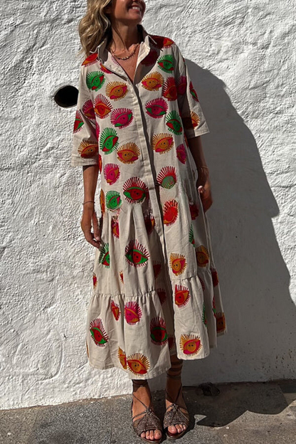 LB | Take Me To Cabo Ethnic Unique Print Button Loose Shirt Midi Dress