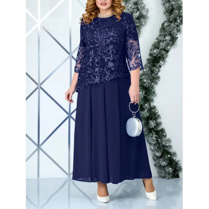 LB | Damska formalna sukienka maxi - Gorset z koronki w kwiaty - Lejący krój - Rękawy 3/4