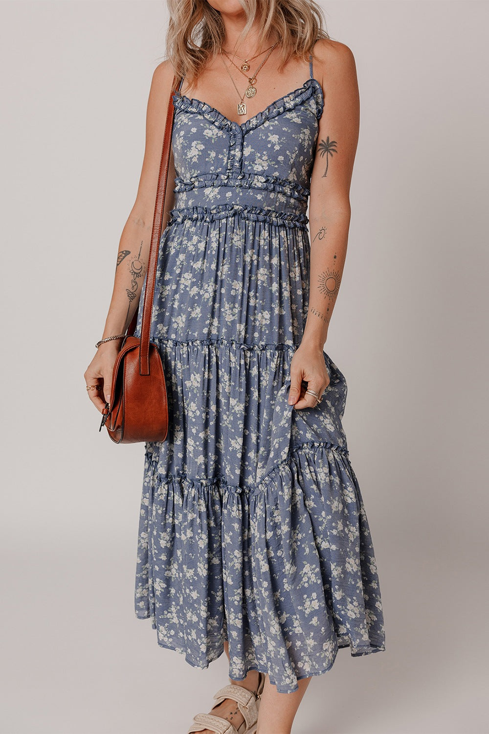 LB | Floral Spaghetti Strap Ruffle V Neck Tiered Midi Dress
