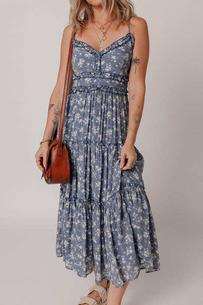 LB | Floral Spaghetti Strap Ruffle V Neck Tiered Midi Dress