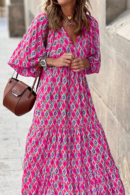 LB | Sukienka midi w stylu boho z krótkim rękawem
