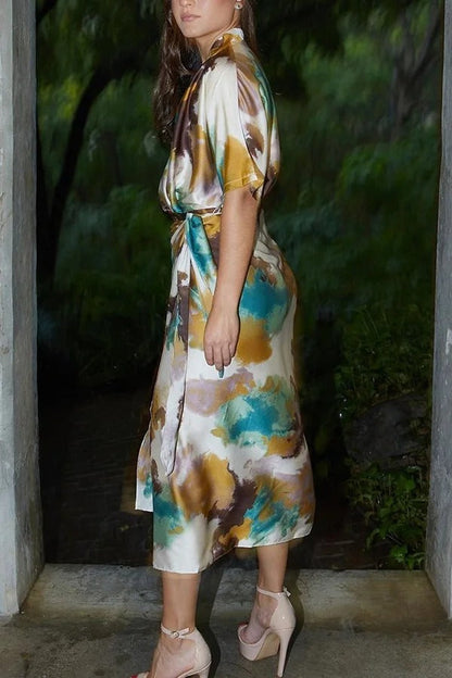 LB | Cityscape Moment Satin Tie Dye Print Half Sleeve Wrap Midi Dress