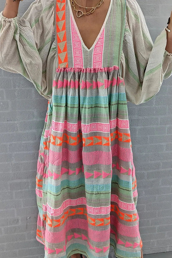 LB | Whisked Away Geometric Colour Block Printed A-Line Midi Dress