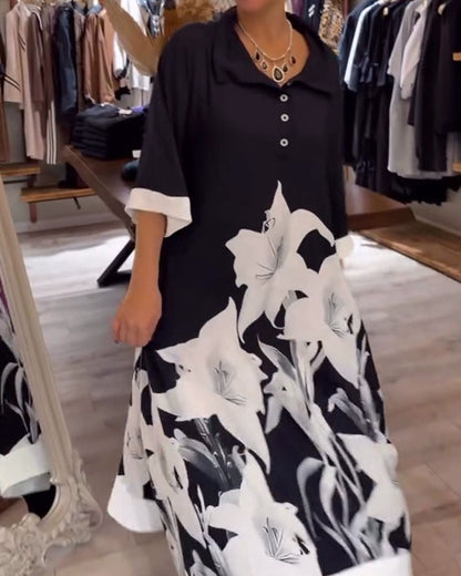 LB | Oversize maxi sukienka z nadrukowanym kołnierzem