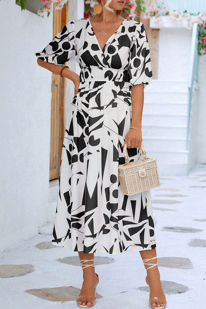 LB | Print V-neck Beach Bubble Sleeve Midi Dress