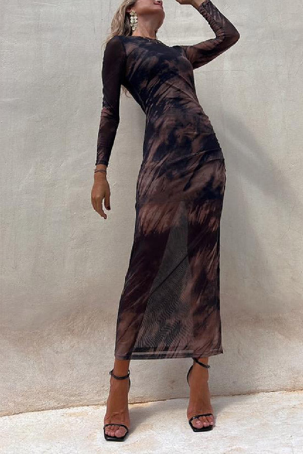 LB | Charm Lady Mesh Overlay Tie Dye Print Long Sleeve Ruffled Stretch Midi Dress