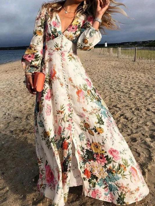 LB | Casual V-Neck Floral Button Maxi Dress Lantern Sleeves