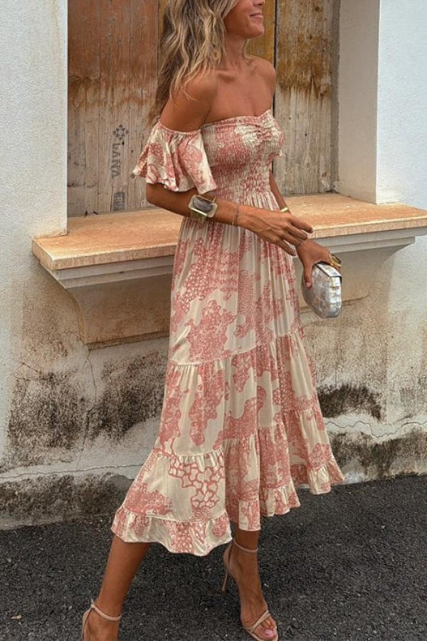 LB | Pitaya Unique Print Off Shoulder Smocked Ruffle Sleeve Warstwowa sukienka midi