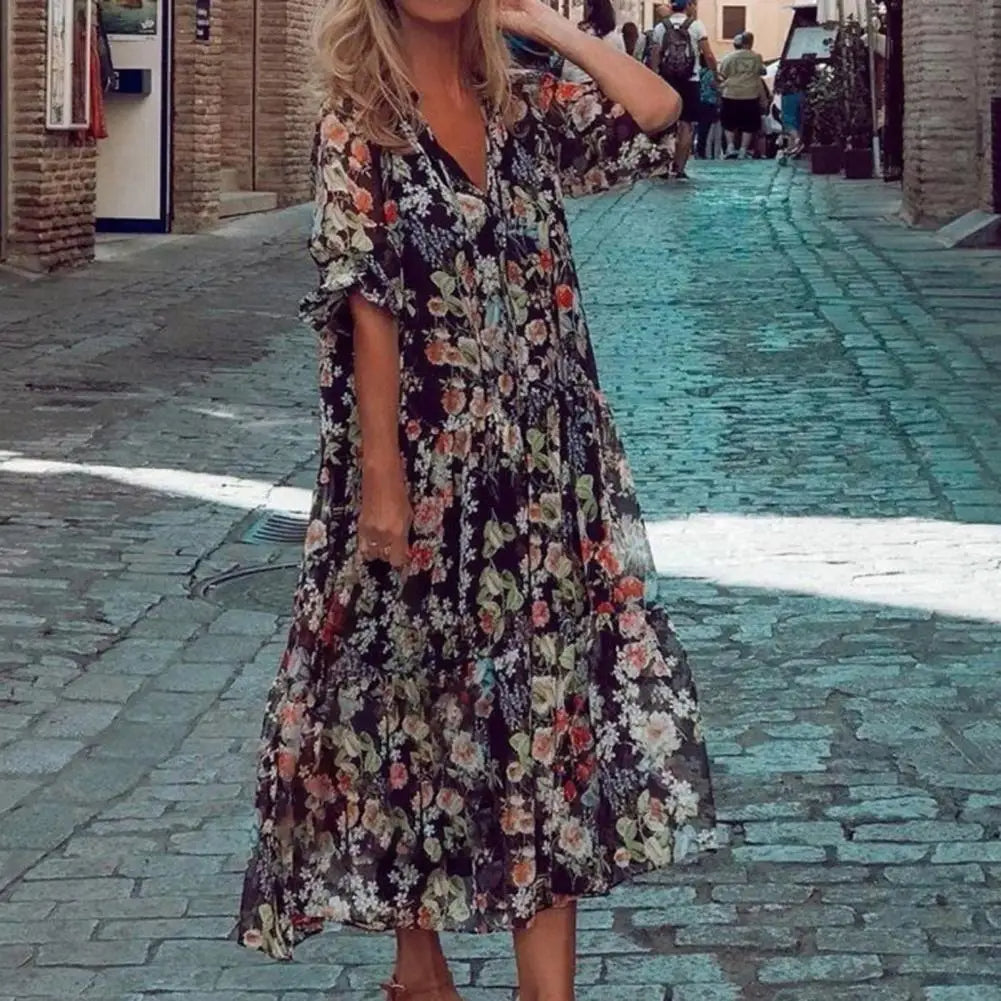 LB | Elegancka sukienka w kwiaty z długim rękawem