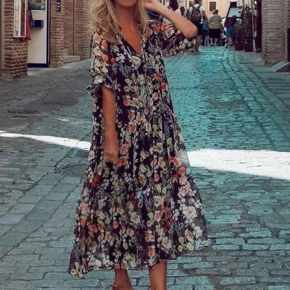 LB | Elegancka sukienka w kwiaty z długim rękawem